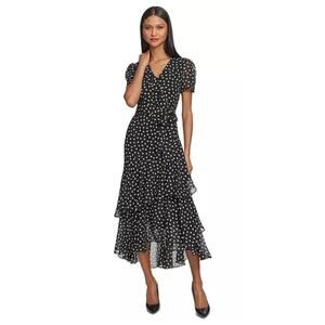 Karl Lagerfeld Paris Black Polka Dot Print Ruffle Midi Dress Gatsby Whimsy 6
